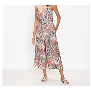 Loft Tropical Print Linen Blend Cropped Jumpsuit Wide Leg Medium